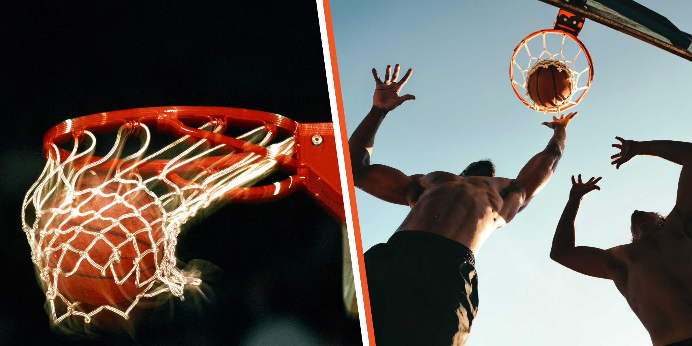 A basketball in a hoop | Two men playing basketball | Source: Getty Images