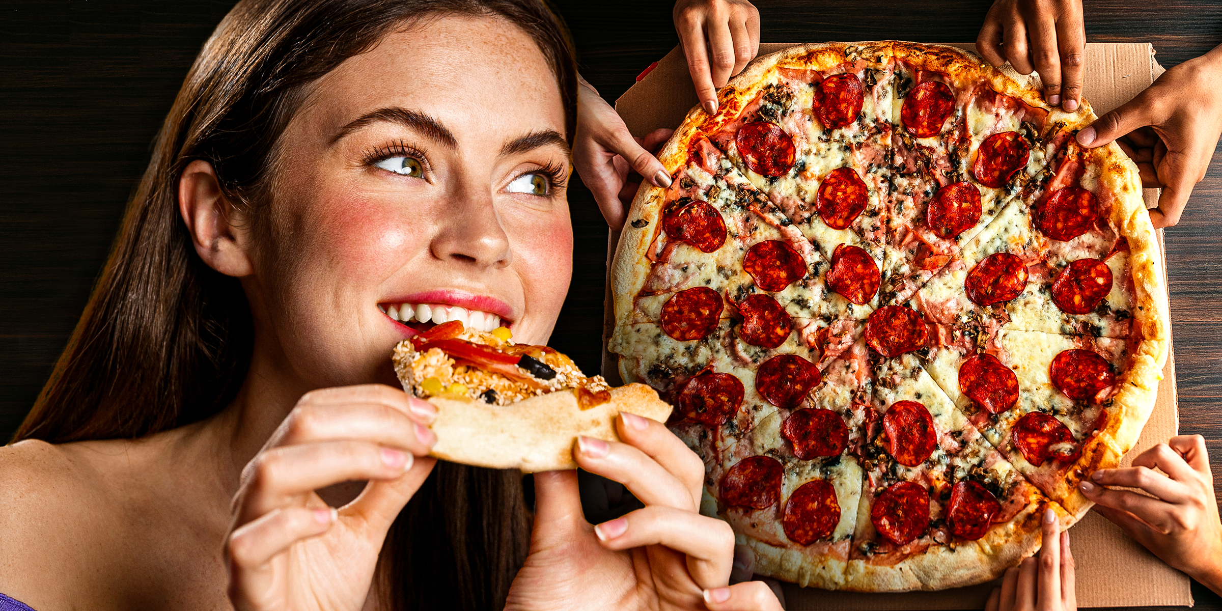 A woman enjoying a slice of pizza | Friends grabbing slices of pizza | Source: Shutterstock